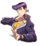  1boy 302 anchor_symbol blue_eyes character_name earrings gakuran heart higashikata_jousuke jewelry jojo_no_kimyou_na_bouken male_focus pin pompadour pose purple_hair school_uniform solo upper_body zipper 