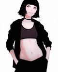  1girl black_hair choker closed_mouth cowboy_shot hands_in_pockets highres ilya_kuvshinov jacket looking_to_the_side midriff navel open_clothes open_jacket original short_hair smile solo sports_bra violet_eyes white_background 