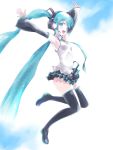  1girl absurdly_long_hair aqua_eyes aqua_hair armpits arms_up boots detached_sleeves from_side full_body hatsune_miku headset highres kowiru long_hair looking_at_viewer microskirt necktie open_mouth skirt small_breasts solo thigh-highs thigh_boots twintails very_long_hair vocaloid 