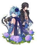  1boy 1girl bare_shoulders belt black_hair blue_eyes blue_gloves blue_hair blue_rose blue_scarf book breasts brown_gloves buttons cent_(drag-on_dragoon) coat drag-on_dragoon drag-on_dragoon_3 elbow_gloves flower gloves groin hair_between_eyes hair_flower hair_ornament holding holding_sword holding_weapon hydrangea jacket kllsiren long_sleeves looking_afar looking_down number open_book outstretched_arm pants parted_lips profile roman_numerals rose scarf short_hair sideboob simple_background smile sword two_(drag-on_dragoon) unbuttoned weapon white_background white_pants 