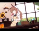  1girl animal_ears brown_eyes centaur counter dutch_angle fairy green_eyes horse_ears indoors kiyomin lamp long_hair looking_at_viewer monster_girl open_mouth original phonograph plant ponytail potted_plant reflection smile solo standing tankard window 