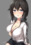  1girl black_hair blue_eyes blush breasts cleavage don_(29219) grey_background hayasui_(kantai_collection) heavy_breathing jacket kantai_collection large_breasts looking_at_viewer open_clothes open_jacket open_mouth short_hair simple_background sitting skirt solo sweatdrop twitter_username unzipped 