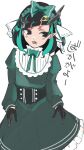  1girl alternate_costume alternate_eye_color bangs black_eyes black_gloves black_hair blue_hair blush bow bowtie commentary_request corset demon_girl demon_horns dress fang feet_out_of_frame flat_chest frilled_dress frills gloves green_bow green_bowtie green_dress hair_bow hair_ornament heart heart_hair_ornament highres horns long_sleeves looking_to_the_side medium_hair multicolored_hair open_mouth panyatteria pointy_ears shishio_chris simple_background solo sugar_lyric translation_request two-tone_hair virtual_youtuber white_background 