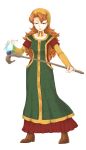  1girl blue_eyes breasts curly_hair dragon_quest dragon_quest_vii dress green_eyes long_hair magic maribel minato_(leap-up) redhead ribbon solo staff weapon 