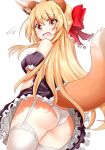  1girl animal_ears ass bare_shoulders blonde_hair blush bow brown_eyes dress fox_ears fox_tail from_behind garter_straps hair_bow highres long_hair looking_at_viewer looking_back mito_yoshihiro open_mouth original panties short_dress solo standing tail thigh-highs underwear white_legwear white_panties 