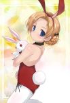  1girl animal_ears back blue_eyes braid bunny_tail bunnysuit detached_collar from_side girls_und_panzer orange_hair orange_pekoe pantyhose rabbit_ears short_hair solo stuffed_animal stuffed_bunny stuffed_toy tail white_legwear wrist_cuffs yumesato_makura 