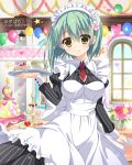  1girl ameto_yuki apron artist_name balloon cake cup flower food green_hair hair_flower hair_ornament indoors looking_at_viewer maid maid_apron maid_headdress necktie noble_works red_necktie rose short_necktie solo sweets teacup tray tsukiyama_sena window yellow_eyes yuzu_para 