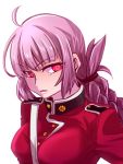  1girl braid breasts fate/grand_order fate_(series) florence_nightingale_(fate/grand_order) folded_ponytail long_hair mijinko_(83nabe) military military_uniform parted_lips pink_eyes pink_hair simple_background solo uniform white_background 