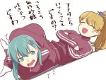  2girls alternate_costume angry brown_hair crossed_arms green_hair hair_ornament hairclip ishii_hisao kantai_collection kumano_(kantai_collection) leg_lock long_hair multiple_girls open_mouth ponytail smile suzuya_(kantai_collection) track_suit translation_request 
