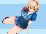  1girl blonde_hair contemporary djeeta_(granblue_fantasy) from_above granblue_fantasy hairband kanameya looking_at_viewer nippon_professional_baseball red_eyes short_hair smile solo yokohama_dena_baystars 