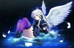  1girl angel_wings aqua_eyes black_boots black_skirt boots bow bracer character_request feathers hair_bow highres kuroneko_no_wiz long_hair looking_at_viewer partially_submerged purple_legwear ripples signature sitting skirt solo thigh-highs upskirt water white_feathers white_hair wings yuitsuki1206 