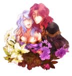  1boy 1girl :d ^_^ ^o^ alvis_(fire_emblem) bare_shoulders breasts bridal_gauntlets circlet cleavage closed_eyes diadora_(fire_emblem) dress fire_emblem fire_emblem:_seisen_no_keifu flower hako_(grungrrr) lavender_hair long_hair open_mouth purple_hair redhead robe smile strapless strapless_dress 