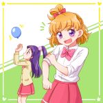  2girls :d asahina_mirai blonde_hair blush izayoi_liko long_hair looking_at_viewer mahou_girls_precure! minu multiple_girls open_mouth precure purple_hair red_eyes red_skirt school_uniform short_hair skirt sleeves_rolled_up smile violet_eyes 