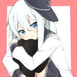  1girl :t anchor_symbol black_hat black_legwear black_skirt blue_eyes blush border closed_mouth commentary_request eyebrows eyebrows_visible_through_hair flat_cap hair_between_eyes hat head_tilt hibiki_(kantai_collection) highres kantai_collection knees_up leg_hug lips long_hair looking_at_viewer pink_border pleated_skirt pout rateratte sailor_collar school_uniform serafuku shirt simple_background skirt solo thigh-highs white_background white_hair white_shirt zettai_ryouiki 