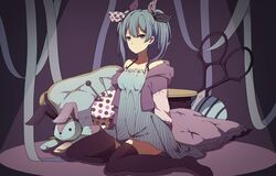  1girl alpakappa black_legwear blue_eyes blue_hair cushion dress full_body hatsune_miku looking_at_viewer needle pin pin_cushion ribbon scissors sewing_needle sitting solo spool stuffed_animal stuffed_bunny stuffed_toy thigh-highs twintails vocaloid 