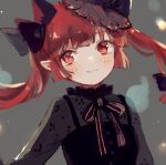  1girl :3 alternate_costume alternate_hairstyle alternate_headwear animal_ears black_clothes black_headwear blush bow cat_ears extra_ears fang frills grey_background hat highres hitodama kaenbyou_rin lace long_hair nig_18 pointy_ears red_eyes redhead simple_background smile solo sparkle touhou twintails 