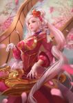  1girl alternate_costume alternate_hair_color cglas cherry_blossoms dress gloves hair_ornament headband heart instrument league_of_legends lipstick long_hair looking_to_the_side makeup petals pink_hair red_dress solo sona_buvelle standing sweetheart_sona twintails very_long_hair white_gloves 