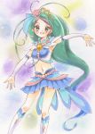  1girl :d blue_eyes blush cure_mermaid earrings go!_princess_precure green_hair highres jewelry kaidou_minami long_hair looking_at_viewer magical_girl marker_(medium) midriff multicolored_hair navel open_mouth outstretched_arms ponytail precure purple_hair shell_earrings smile solo traditional_media two-tone_hair very_long_hair watayuki 