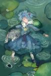  1girl absurdres blue_boots blue_hair blush boots closed_eyes collar dress frilled_collar frills hair_bobbles hair_ornament hat hat_removed headwear_removed highres jewelry kawashiro_nitori key key_necklace leaf lily_pad long_skirt long_sleeves lying lying_on_water necklace on_back partially_submerged pocket rubber_boots shirt skirt skirt_set sleeping smile solo toishi touhou traditional_media twintails two_side_up wading water watercolor_(medium) wet wet_clothes 