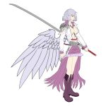  1girl absurdres alternate_costume breasts dress final_fantasy final_fantasy_vii greatsword highres jacket katana kishin_sagume large_breasts miniskirt ootachi open_clothes red_eyes reverse_grip short_hair shoulder_pads silver_hair single_wing skirt smile solo sword tk31 touhou weapon wings 