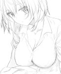  1girl akino_sora breasts cleavage collarbone greyscale highres large_breasts looking_at_viewer monochrome shirt short_hair simple_background sketch solo upper_body white_background yahari_ore_no_seishun_lovecome_wa_machigatteiru. yuigahama_yui 