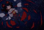  1girl black_hair blush bow candy detached_sleeves floating hair_bow hair_tubes hakurei_reimu highres jar konpeitou long_hair partially_submerged reflection skirt skirt_set sky solo sonson_(eleven) star_(sky) starry_sky touhou water wide_sleeves 