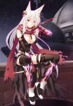  1girl armor bell blood breasts cleavage guillotine_cross hair_bell hair_ornament highres ike_masato kodachi long_hair ragnarok_online red_eyes short_sword solo sword thigh-highs weapon white_hair 