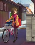  1girl bag bicycle brown_hair cat eijima_moko highres kitten mittens open_mouth original pantyhose plaid plaid_skirt pleated_skirt red_eyes scarf school_bag school_uniform skirt solo 