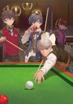  1girl 3boys :d aiming alternate_costume arisato_minato ball bangs belt bent_over billiards black_bow black_bowtie black_eyes black_hair black_shirt blue_eyes blue_hair bow bowtie ceiling_light closed_mouth commentary_request cue_ball cue_stick female_protagonist_(persona_3) formal glasses grey_eyes head_rest highres holding indoors kurusu_akira long_sleeves looking_at_viewer multiple_boys nanaya_(daaijianglin) narukami_yuu necktie open_mouth pants persona persona_3 persona_3_portable persona_4 persona_5 ponytail pool_table protagonist_(persona_5) red_eyes redhead shadow shirt silver_hair smile snooker snooker_table stool swept_bangs untucked_shirt vest white_shirt yuuki_makoto 