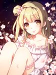  1girl brown_eyes brown_hair cherry_blossoms flower hair_flower hair_ornament highres long_hair looking_at_viewer love_live!_school_idol_project minami_kotori mouth_hold one_side_up petals smile solo sura_(mana0703) thigh_strap 