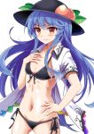  &gt;:) 1girl bikini black_bikini black_ribbon blue_hair blush closed_mouth collarbone collared_shirt cowboy_shot e.o. eyebrows eyebrows_visible_through_hair flat_chest food front-tie_bikini front-tie_top fruit hand_on_own_chest hat_ornament highres hinanawi_tenshi leaf long_hair looking_at_viewer midriff navel open_clothes open_shirt peach rainbow_order red_eyes ribbon shirt short_sleeves side-tie_bikini sidelocks simple_background solo standing stomach swimsuit thighs touhou tsurime white_background white_shirt 