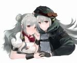  1girl arm_up bangs black_gloves blush chilli_646 closed_mouth double_bun eyebrows_visible_through_hair g11_(girls&#039;_frontline) girls_frontline gloves green_jacket grey_eyes grey_hair hair_between_eyes hand_grab hand_on_own_head hat jacket long_hair looking_at_viewer maid maid_headdress open_clothes open_jacket open_mouth shirt torn_clothes upper_body white_background white_shirt 