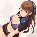  1girl artist_name beatrix_(granblue_fantasy) belt belt_buckle blue_ribbon blue_vest blush bodysuit breasts brown_eyes brown_hair buckle center_opening cleavage closed_mouth cowboy_shot dutch_angle eyebrows eyebrows_visible_through_hair frown granblue_fantasy hair_ribbon hand_on_hip large_breasts long_hair looking_at_viewer midriff open_clothes open_vest revealing_clothes ribbon shiny shiny_skin short_shorts short_sleeves shorts silhouette solo squiggle standing sts tareme thighs vest wavy_mouth 