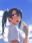  1girl :p blue_eyes blue_hair blue_sky blush clouds food from_side hair_between_eyes hair_ribbon holding holding_food ice_cream ishii_hisao kantai_collection looking_at_viewer looking_to_the_side ribbon shirt short_hair short_sleeves short_twintails simmer sky solo teeth tongue tongue_out twintails upper_body water water_drop wet white_ribbon white_shirt wrapper zuikaku_(kantai_collection) 