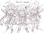  3girls :&gt; ? ahoge braid commentary gloves greyscale hair_flaps hair_ornament hair_ribbon hairband hairclip hands_on_hips kantai_collection kawakaze_(kantai_collection) kvlen long_hair lowres monochrome multiple_girls neckerchief night_battle_idiot open_mouth pleated_skirt pose remodel_(kantai_collection) ribbon scarf school_uniform sendai_(kantai_collection) serafuku shigure_(kantai_collection) short_sleeves single_braid single_thighhigh skirt smile smirk thigh-highs twin_braids two_side_up 