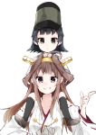  &gt;:) 2girls :o absurdres ahoge arare_(kantai_collection) bare_shoulders black_eyes black_hair breasts brown_eyes brown_hair carrying detached_sleeves double_bun hairband hat headgear highres japanese_clothes kantai_collection kongou_(kantai_collection) long_hair looking_at_viewer multiple_girls nontraditional_miko ooyama_imo remodel_(kantai_collection) ribbon-trimmed_sleeves ribbon_trim school_uniform short_hair short_sleeves shoulder_carry simple_background smile suspenders teeth white_background 