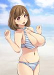  1girl anegasaki_nene bikini breasts brown_hair bursting_breasts groin kantori large_breasts looking_at_viewer love_plus navel short_hair smile solo swimsuit twitter_username violet_eyes 