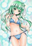  1girl bikini blue_bikini blush breasts eyebrows eyebrows_visible_through_hair frog_hair_ornament funnyfunny green_eyes green_hair hair_ornament kochiya_sanae long_hair medium_breasts navel side-tie_bikini smile snake_hair_ornament solo swimsuit touhou traditional_media 