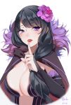  1girl 2016 bangs black_hair breasts cape center_opening dated detached_sleeves elsa_granhilte eyebrows eyebrows_visible_through_hair eyelashes finger_to_mouth flower fur_trim hair_flower hair_ornament highres large_breasts licking_lips lipstick long_hair looking_at_viewer makeup maorzshu mole mole_under_eye parted_lips re:zero_kara_hajimeru_isekai_seikatsu red_lips signature solo tongue tongue_out violet_eyes 