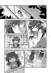  &gt;_&lt; 4koma architecture arms_up ascot bangs bow box chibi close-up closed_eyes colonel_aki comic crossed_legs detached_sleeves donation_box east_asian_architecture greyscale hair_bow hair_tubes hakurei_reimu looking_at_viewer lying monochrome nontraditional_miko on_side open_mouth opening_eyes sleeping stretch touhou translation_request yawning 
