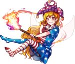  1girl american_flag_dress american_flag_legwear blonde_hair clownpiece fairy_wings hat jester_cap long_hair open_mouth pantyhose pink_eyes short_sleeves smile solo torch touhou uranaishi_(miraura) very_long_hair wings 