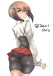  1girl :o arm_at_side ass bike_shorts breasts brown_eyes brown_hair from_behind hair_between_eyes headband headgear highres kantai_collection looking_at_viewer microskirt panties_under_bike_shorts pleated_skirt satorisu short_hair skirt solo taihou_(kantai_collection) thighs 