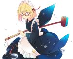  1girl apron battoujutsu_stance blonde_hair blue_eyes bracelet broom cat_print commentary_request fighting_stance glasses holding_broom ido_(teketeke) japanese_clothes jewelry kimono maid_apron maid_headdress original short_hair solo translation_request wa_maid wide_sleeves 