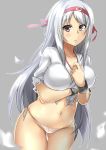  1girl ass_visible_through_thighs breast_hold brown_hair burnt_clothes collarbone embarrassed fingerless_gloves gloves hairband kantai_collection long_hair looking_at_viewer panties satorisu shoukaku_(kantai_collection) side-tie_panties solo torn_clothes underwear wavy_mouth white_background white_panties yellow_eyes 