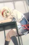  1girl alice_margatroid belt black_legwear blonde_hair blue_dress blush capelet chair chromatic_aberration crossed_arms desk dress dutch_angle frills from_side green_eyes hairband head_tilt kneehighs leaning_forward looking_at_viewer looking_to_the_side radiosity_(yousei) school_desk short_hair solo table thighs touhou 