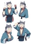 1girl accho_(macchonburike) ainu_clothes animal_ears breasts cat_ears cleavage earrings headband jewelry large_breasts looking_at_viewer open_mouth panties pelvic_curtain short_hair simple_background smile solo underwear white_hair 