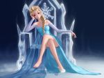  1girl bare_shoulders barefoot blonde_hair blue_eyes braid cape crossed_legs dress elsa_(frozen) eyelashes eyeshadow frozen_(disney) hair_ornament hair_over_shoulder head_on_hand highres long_hair looking_at_viewer makeup maredoro sequins single_braid single_shoe sitting snowflake_hair_ornament solo throne toes 