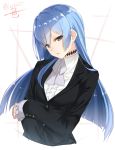  1girl :o artist_name black_jacket blue_eyes blue_hair bow bowtie braid center_frills choker collared_shirt dress_shirt expressionless eyebrows eyebrows_visible_through_hair formal frills hand_on_own_arm holding_arm isshiki_(ffmania7) jacket kiznaiver long_hair looking_at_viewer parted_lips purple_bow purple_bowtie shirt simple_background single_braid solo sonozaki_noriko suit tsurime upper_body white_background 