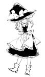  1girl apron boots bow braid frills full_body greyscale hair_ribbon hat hat_bow high_heel_boots high_heels kirisame_marisa looking_to_the_side monochrome natsume_(menthol) puffy_sleeves ribbon simple_background single_braid smile solo standing touhou tress_ribbon waist_apron wavy_hair witch_hat 