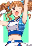  1girl arm_up armpits blush brown_eyes brown_hair commentary_request crop_top crop_top_overhang gloves hair_ribbon idolmaster idolmaster_cinderella_girls long_hair midriff moroboshi_kirari navel open_mouth pettan_p ribbon skirt smile solo sweat twintails white_gloves 